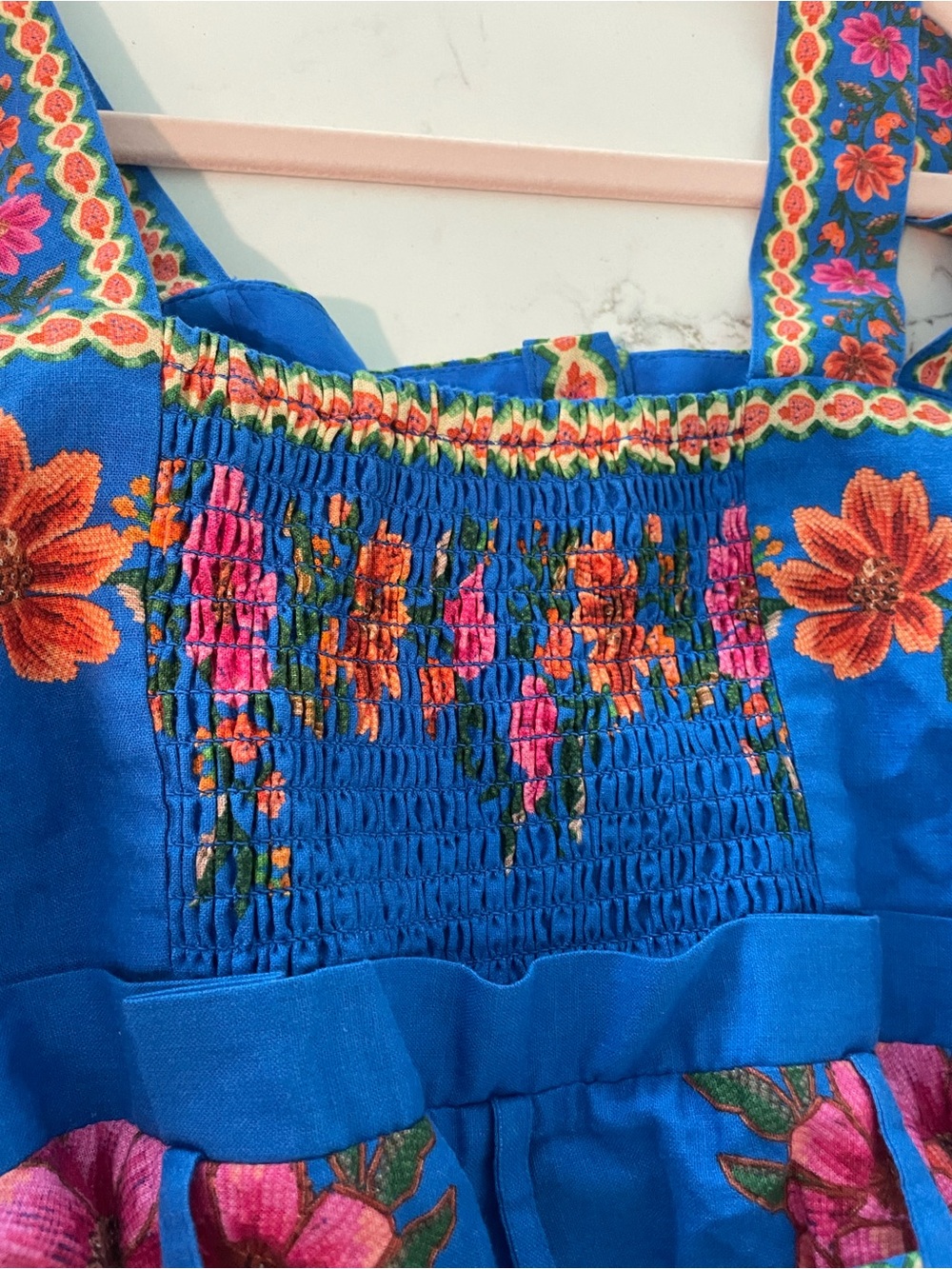FARM Rio Bright Blue Floral Smocked Sundress with Pink Embroidery - Picture 6 of 9